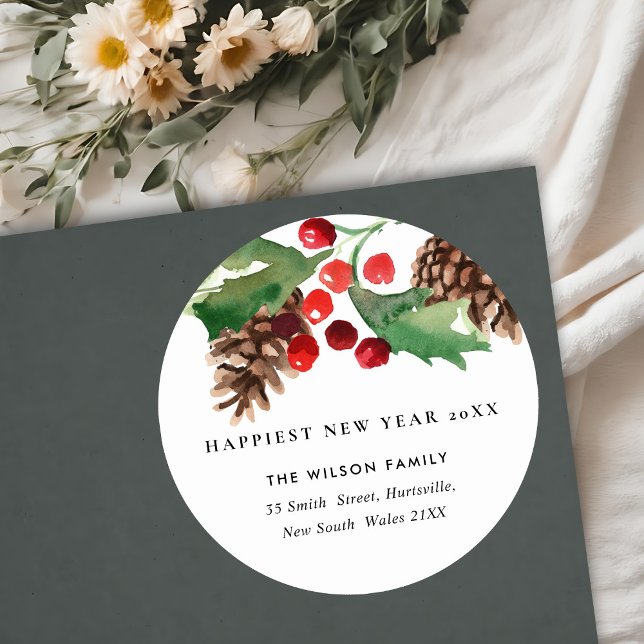 RED GREEN HOLLY BERRY PINE CONE NEW YEAR ADDRESS CLASSIC ROUND STICKER (Creator Uploaded)