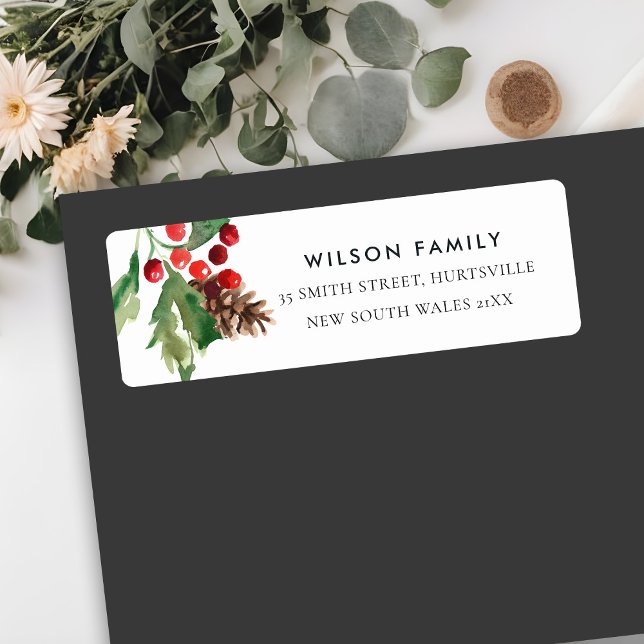 RED GREEN HOLLY BERRY PINE CONE NEW YEAR ADDRESS LABEL (Creator Uploaded)