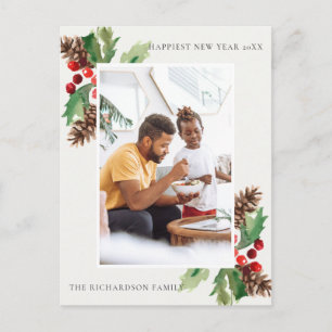 RED GREEN HOLLY BERRY PINE CONE NEW YEAR PHOTO POSTCARD