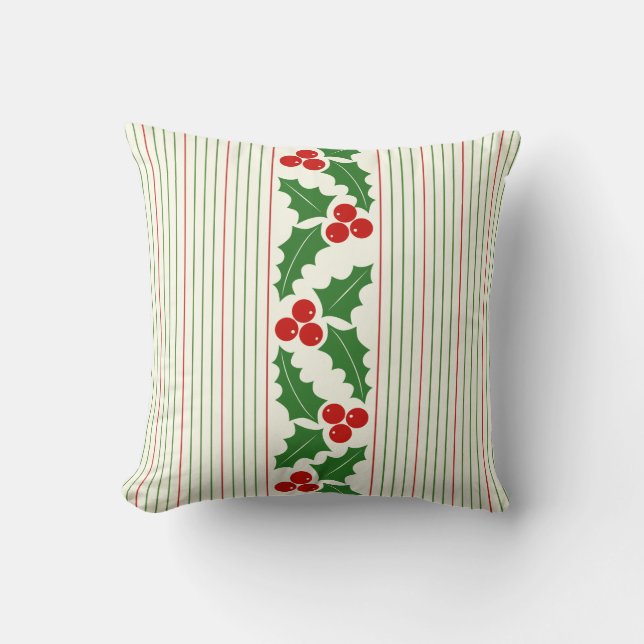 Red, green holly berry, stripes pattern Christmas Throw Pillow (Front)