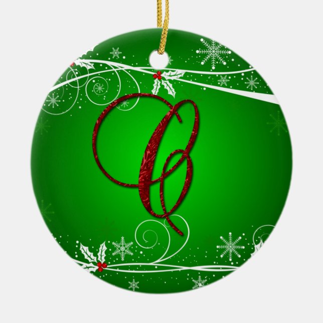 Red Green Holly Initial C Christmas Ornament (Front)