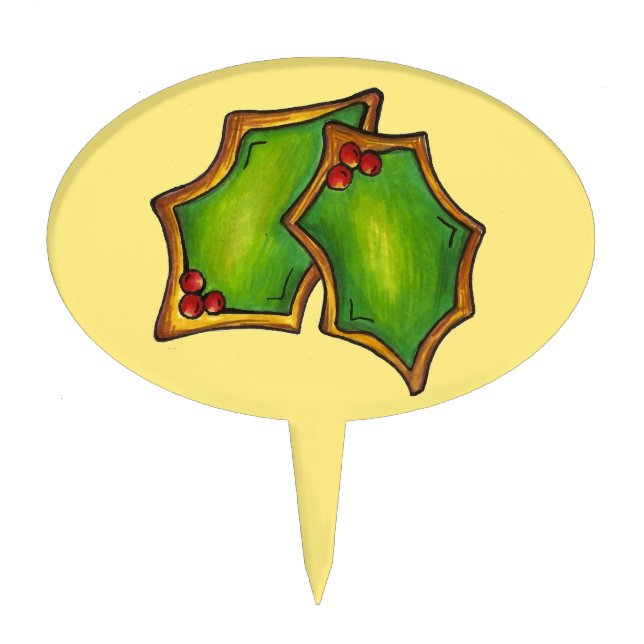 Red Green Holly Leaf Christmas Sugar Cookie Xmas Cake Topper (Front)