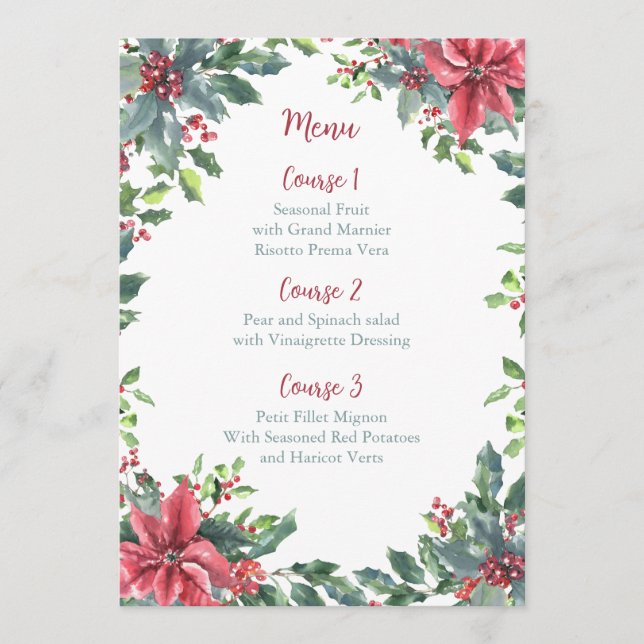 Red Green Holly Poinsettias Christmas Wedding Menu (Front)