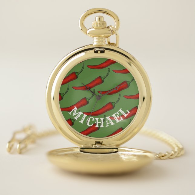Red Green Hot Spicy Chili Peppers Personalized Pocket Watch (Inside)