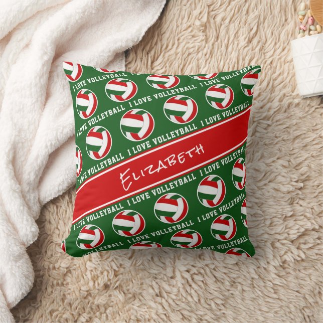 red green "I love volleyball" girls sports gifts Throw Pillow (Blanket)