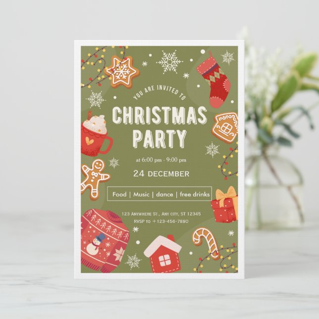 Red & Green Illustrative Christmas Party Invita Invitation (Standing Front)