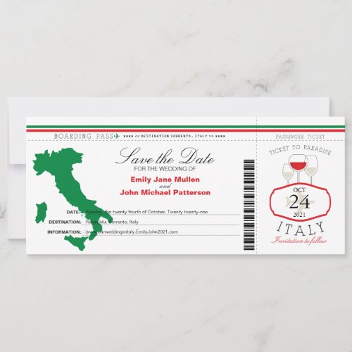Red Green Italy Boarding Pass Wedding Invitation