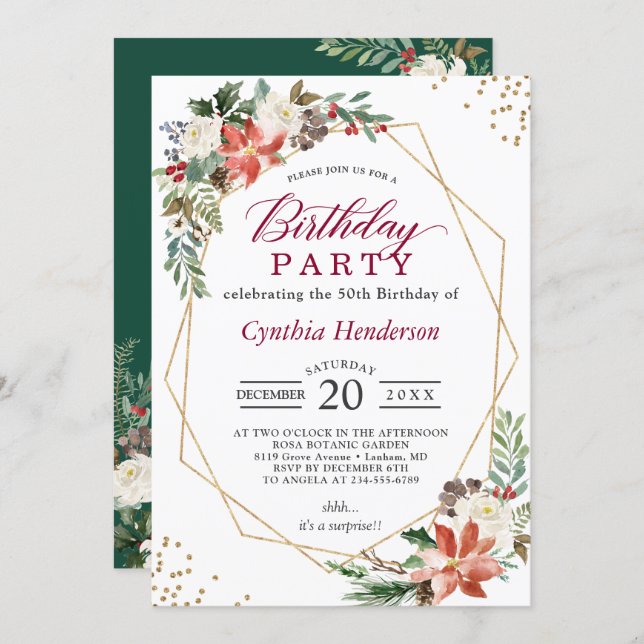 Red Green Ivory Poinsettia Floral Birthday Party Invitation (Front/Back)
