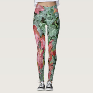 Red green ivy leaves fall autumn season leggings