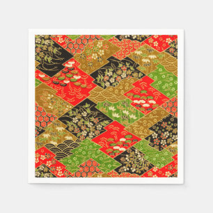 Red Green Japanese Kimono Floral Decoupage Paper Napkins