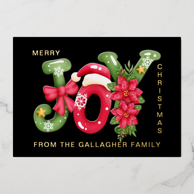 Red Green Joy Letters Illustration Photo Christmas Foil Holiday Card (Front)