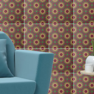 Red Green Kaleidoscope Geometric Floral Pattern Ceramic Tile