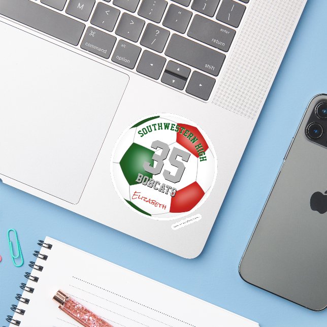 Red green kids teens custom soccer team colors  sticker (Laptop w/ iPhone)