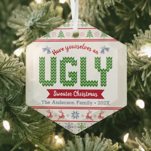 Red Green Knit Ugly Sweater Christmas Tacky Nordic Glass Ornament