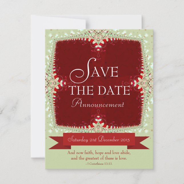 Red + Green Lace Save the Date Invitation (Front)