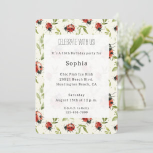 Red Green Leaves Ladybugs Birthday Invitation