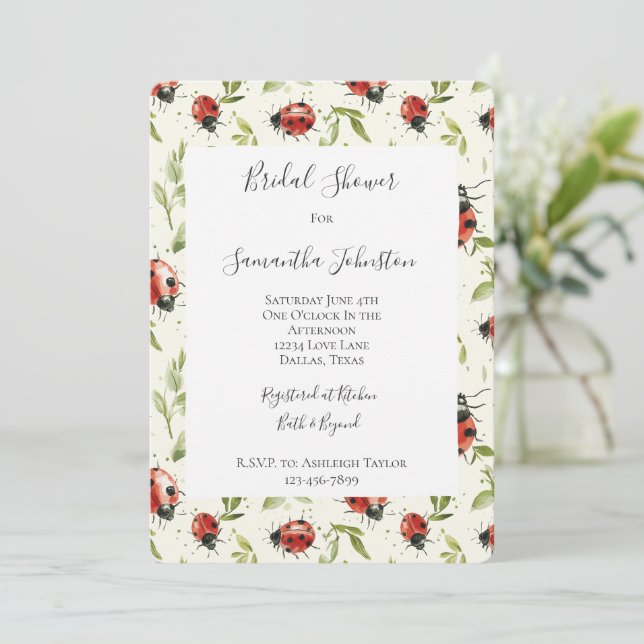 Red Green Leaves Ladybugs Bridal Shower Invitation (Standing Front)
