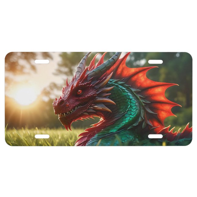 red green lying dragon in sunlight myth fantasy license plate (Front)