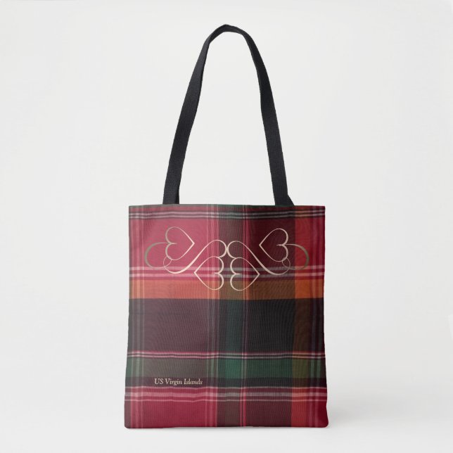 Red Green Madras Gold Swirl Hearts Tote Bag (Front)