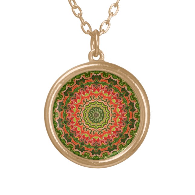 red green Mandala Gold Plated Necklace (Front)
