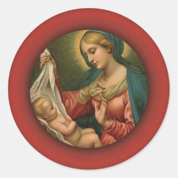 Red & Green Mary & Baby Jesus Christmas Seal by thechristmascardshop at Zazzle