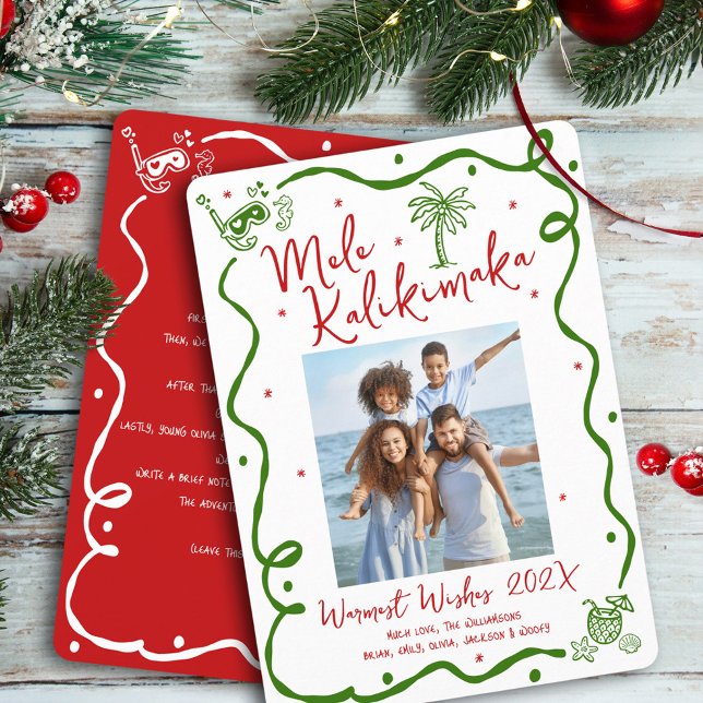Red Green Mele Kalikimaka Photo Doodle Christmas Holiday Card (Creator Uploaded)