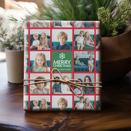 Red &amp; Green Merry Christmas 8 Photo Collage Wrapping Paper