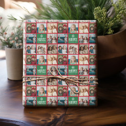 Red &amp; Green Merry Christmas 8 Photo Collage Wrapping Paper