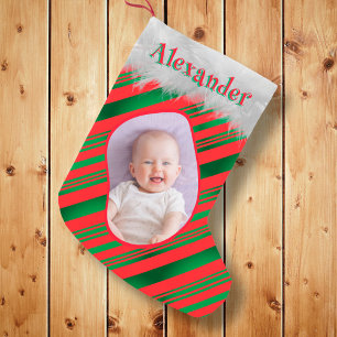 Red Green Merry Christmas Festive Photo Name Retro Small Christmas Stocking