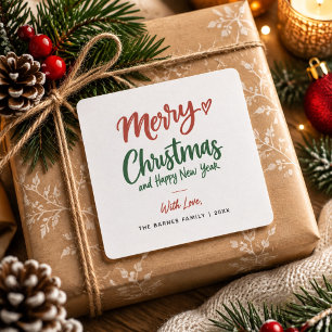 Red Green Merry Christmas & Happy New Year Script Square Sticker