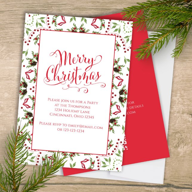 Red Green Merry Christmas Party Cute  Invitation (Merry Christmas holiday party invitation with whimsical calligraphy script. )