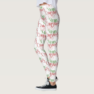 Red & Green Merry Christmas Retro Typography Leggings