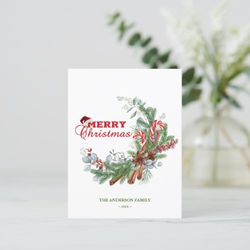 Red Green Merry Christmas Typography Greenery Postcard