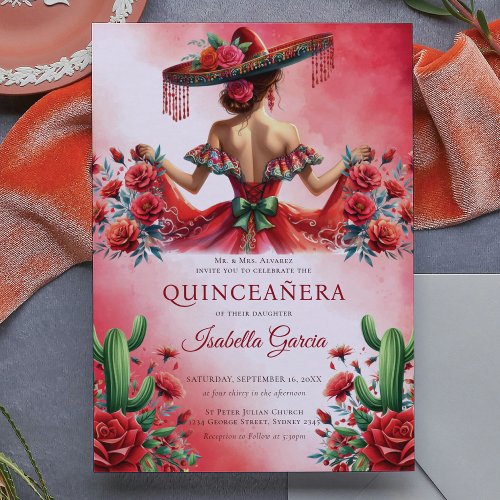 Red Green Mexican Style Quinceaera Invitation