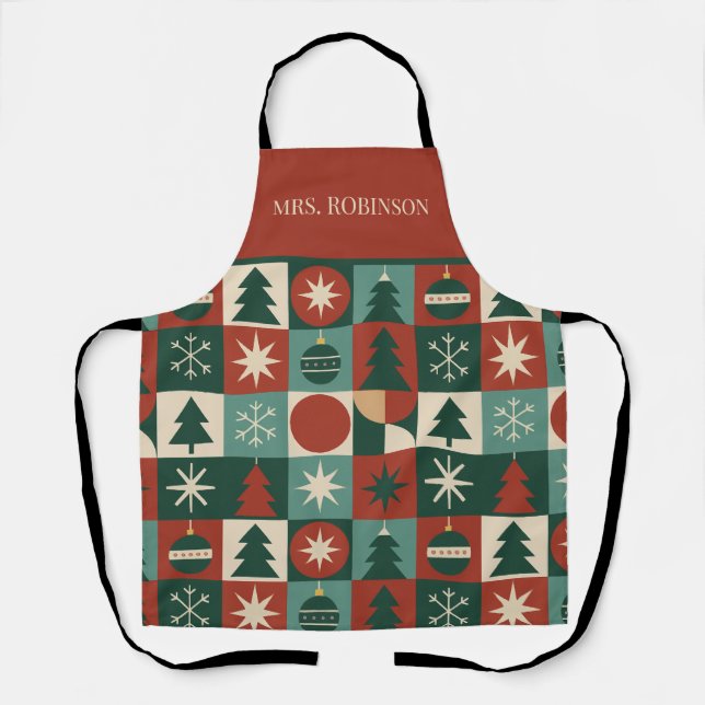 Red Green Mid Century Modern Checkered Holiday  Apron (Front)