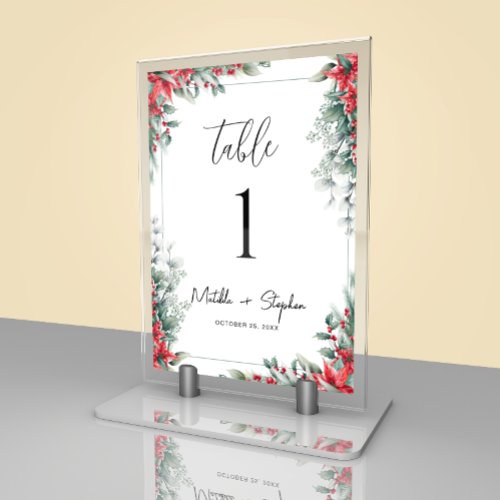 Red  Green Minimalist Floral Christmas Wedding Table Number