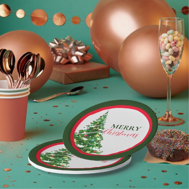 Red Green Minimalist Merry Christmas Party Paper Plates (Multi)