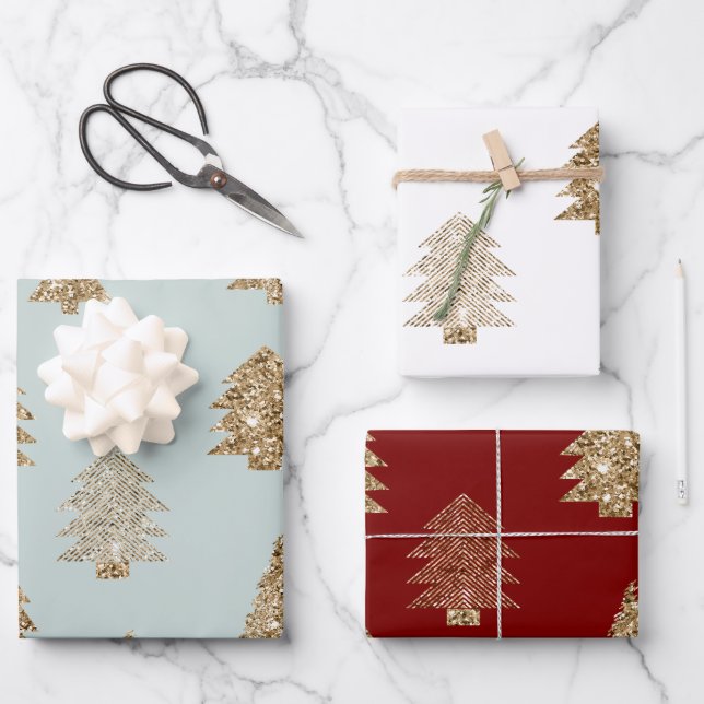 Red Green Mint Gold Glitter Glam Christmas Trees Wrapping Paper Sheets (Front)