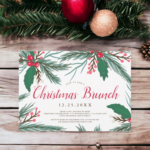 Red green mistletoe watercolor Christmas brunch Invitation