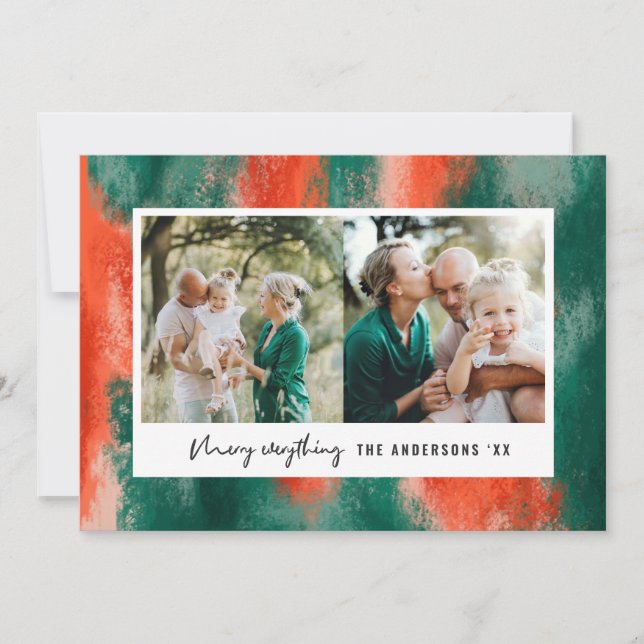 Red + green modern abstract chic photo holiday card (Front)