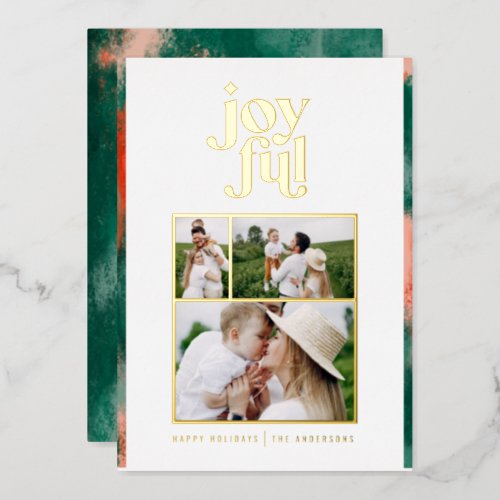 Red  green modern abstract joyful 3 photo  foil h foil holiday card