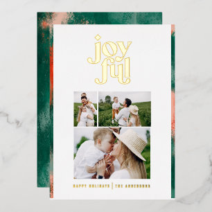 Red + green modern abstract joyful 3 photo foil holiday card