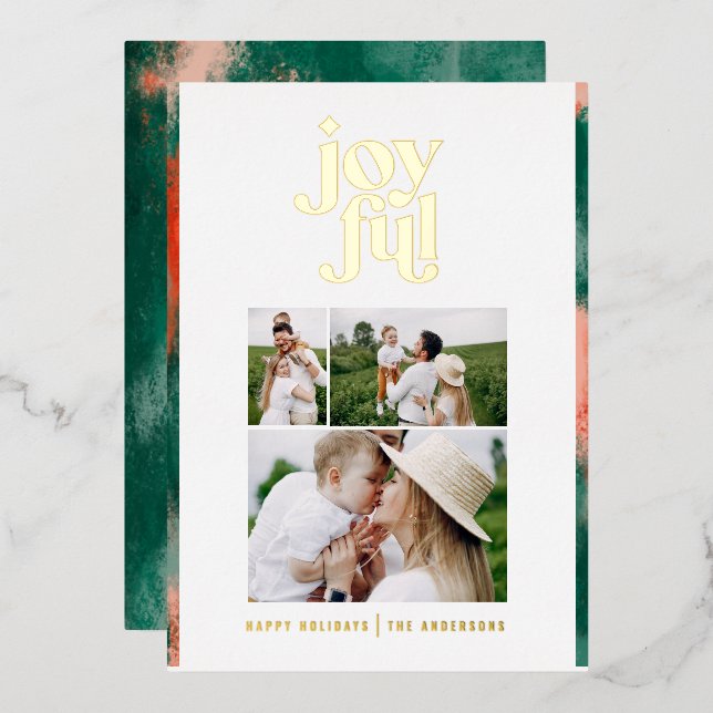 Red + green modern abstract joyful 3 photo  foil holiday card (Front/Back)