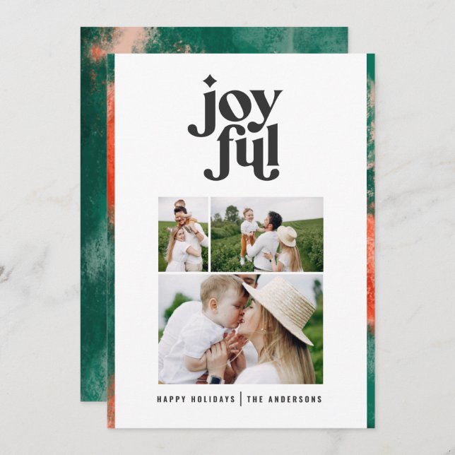 Red + green modern abstract joyful 3 photo holiday (Front/Back)