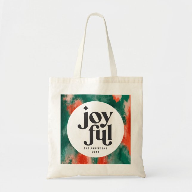 Red + green modern abstract joyful holiday tote bag (Front)