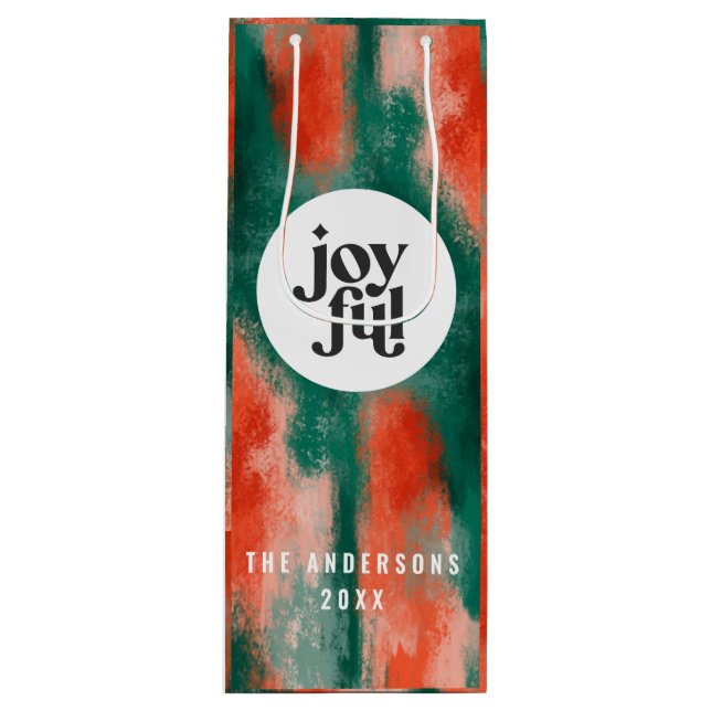Red + green modern abstract joyful holiday wine gift bag (Front)
