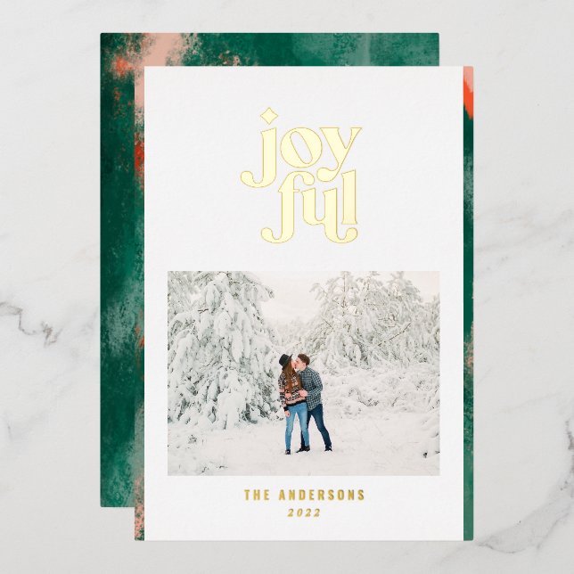 Red + green modern abstract joyful photo  foil holiday card (Front/Back)