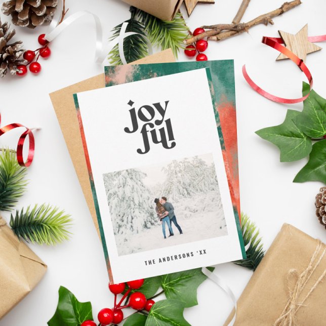 Red + green modern abstract joyful photo holiday card (Creator Uploaded)