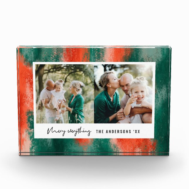 Red + green modern abstract painted photo holiday block (Front)