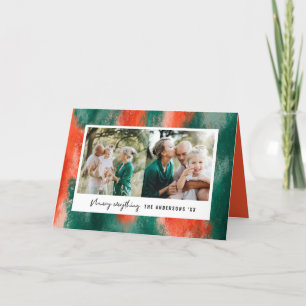 Red + green modern abstract painted photo holiday card